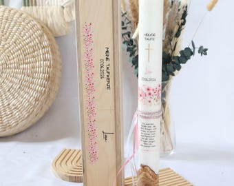 Vela de bautizo personalizada para niña, rosa con incrustaciones de madera | Vela de bautizo con caja de madera | Vela de bautizo estilo boho | Vela de bautizo para niña | Flor silvestre