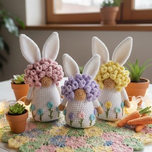 Może przedstawiać: Trzy ręcznie robione szydełkowe króliki-gnomy z białymi uszami i ciałami. Każdy ma inny kolor kręconych włosów: różowy, fioletowy i żółty. Gnomy mają kwiatowe akcenty i znajdują się na kwiatowej szydełkowej podkładce. Obecne są również szydełkowe marchewki.