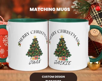 Custom Matching Christmas Mugs | Retro Whimsical Tree Ceramic Cups (11 oz)