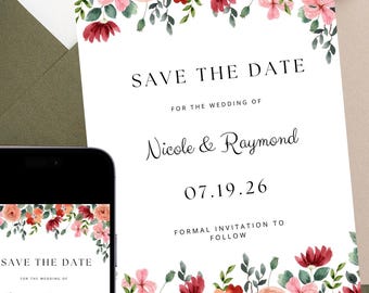 Blush Floral Save the Date Template 2026: Wedding (Digital Download)