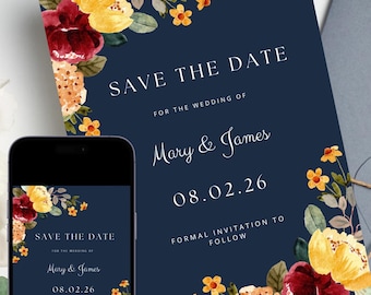 Navy Floral Save the Date Template 2026: Editable Wedding Invitation (Digital Download)
