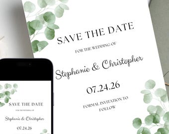 Eucalyptus Save The Date Template 2026: Greenery Wedding (Digital Download)