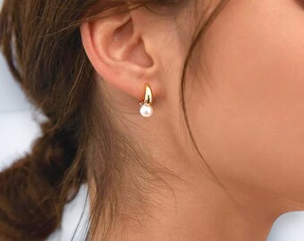 Gold Pearl Earrings | Vintage Pearl Jewelry | Pair of Stainless Steel Hoop Earrings | Beautiful Dangle Drop Earrings | Gift For Her