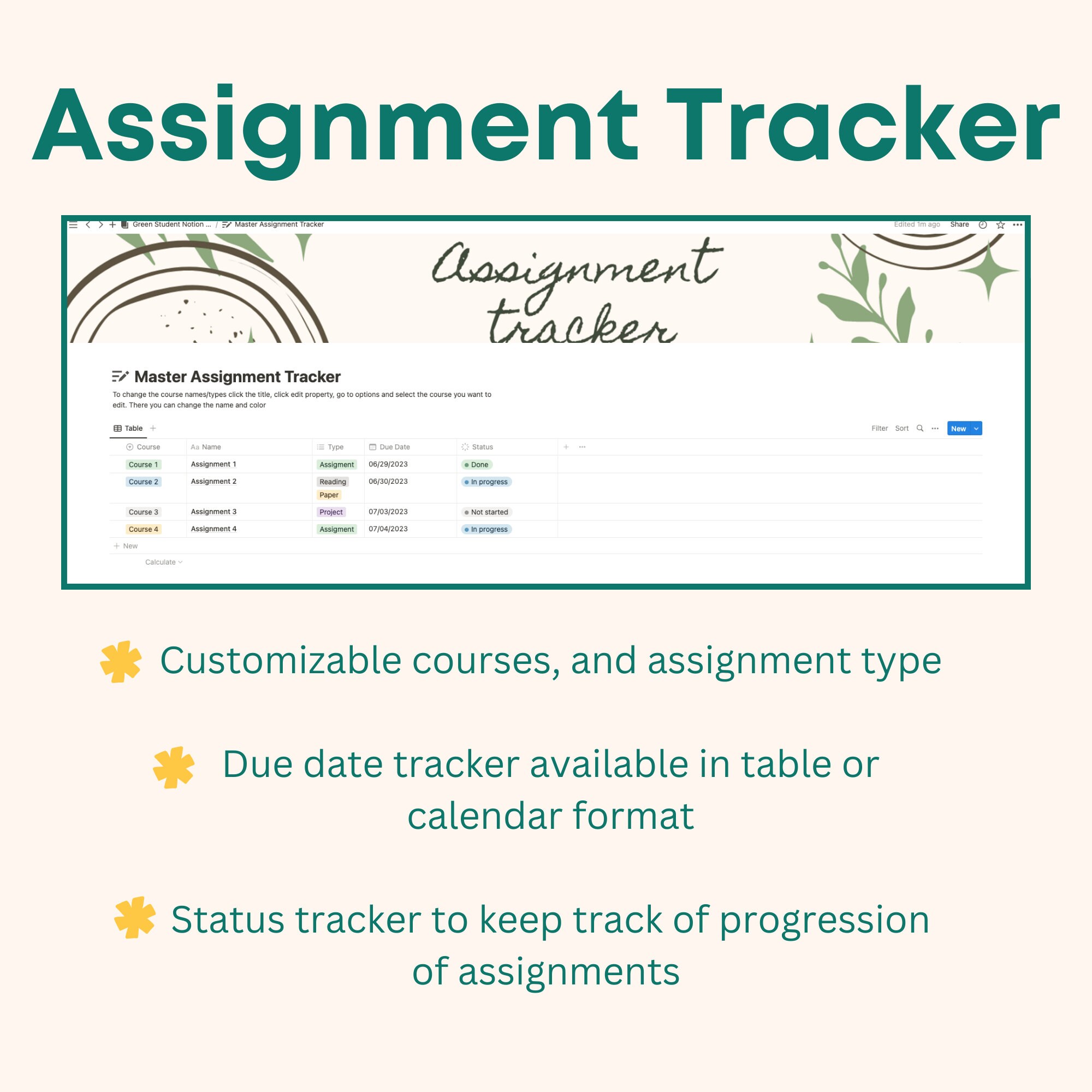 Notion Student Planner Assignment Tracker - Etsy