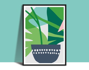 Houseplant Instant Download Printable Wall Art, Botanical Graphic Floral Print, Plant and Pot Bold Flat Colour Design, Abstract Green Leaves