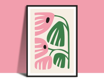 Pink Flowers Green Leaves Wall Art Instant Download Printable, Bright Modern Digital Illustration Poster, Floral Minimalist Design