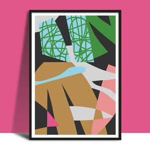 Digital Collage Printable Abstract Wall Art, Botanical Poster, Graphic Design Leaf Patterns, Pink Green Bronze Blue Shapes Lines Download