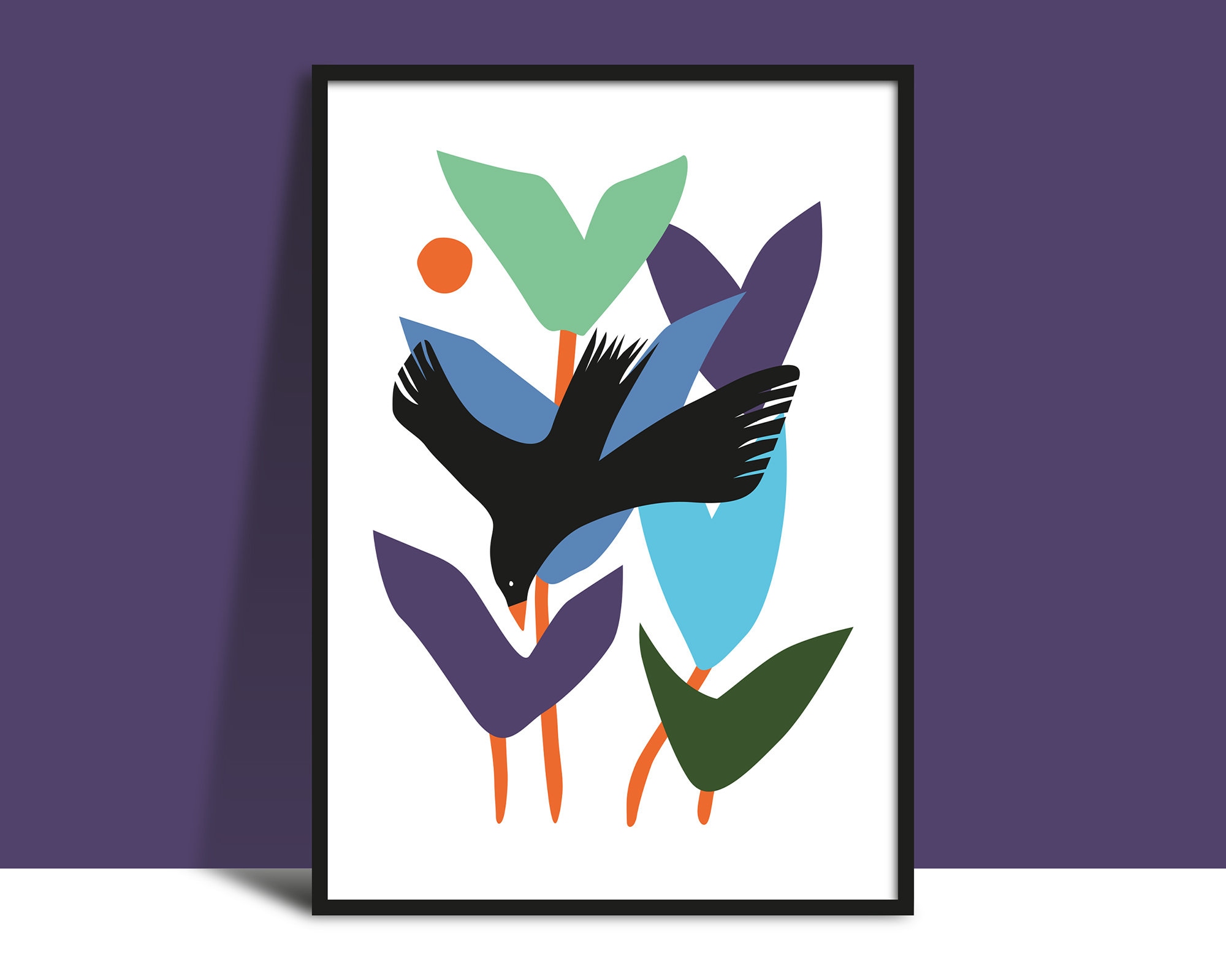 Blackbird and Flowers Wall Art Instant Download Printable, Bright Modern Digital Illustration Poster, Floral Minimalist Bold Simple Design