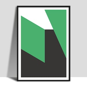 Könnte beinhalten: Abstrakter geometrischer Kunstdruck mit einem Farbschema in Schwarz, Weiß und Grün. Der Druck zeigt eine große schwarze Form in der Mitte, umgeben von grünen Formen.