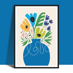 Instant Download Blue Vase Mixed Flowers Wall Art Print, Bold Colorful Digital Illustration, Botanical Printable, Happy Floral Wall Decor