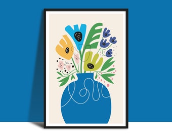 Instant Download Blue Vase Mixed Flowers Wall Art Print, Bold Colorful Digital Illustration, Botanical Printable, Happy Floral Wall Decor