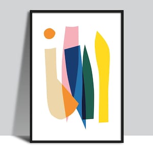 May include: Abstract art print in a black frame. The artwork features a white background with colorful geometric shapes. The shapes include a yellow, green, blue, pink, orange, and beige. An orange circle is in the upper left corner.