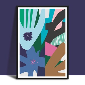 Printable Summer Nights In The Garden Digital Collage Wall Art, Botanical Flower Poster, Bright Bold Leaves Petals Patterns, Blue Green Pink