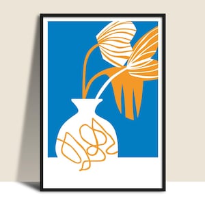 Arte de pared con jarrón de flores con patrón imprimible, descarga instantánea, ilustración plana llamativa, póster botánico, póster de diseño gráfico blanco, naranja y azul