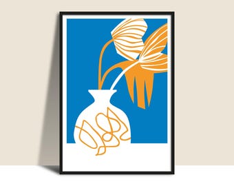 Printable Pattern Flower Vase Wall Art, Instant Download, Bold Flat Illustration, Botanical Poster, White Orange Blue Graphic Design Poster
