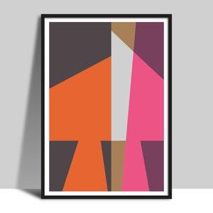 May include: Abstract geometric art print with a mix of orange, pink, gray, brown, and purple colors. The print features a variety of shapes and angles.