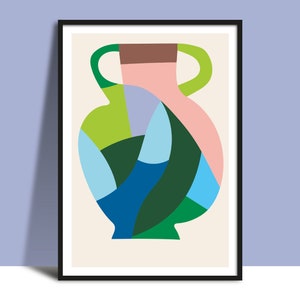 Resumen jarrón pared arte descarga inmediata imprimible, cartel de ilustración digital moderna brillante, jarrón simple mínimo audaz, rosa verde y azul