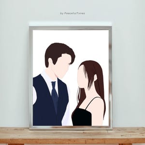 May include: A digital illustration of a couple in a minimalist style. The man is wearing a dark blue suit with a white shirt and a tie. The woman is wearing a black dress. The background is white.