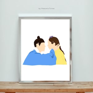 Könnte beinhalten: Gerahmter Kunstdruck mit einer minimalistischen Illustration von zwei Figuren im Profil, die sich gegenüberstehen. Eine Figur trägt ein blaues Kleidungsstück, die andere ein gelbes Oberteil. Der Text "by PeacefulTones" befindet sich in der oberen linken Ecke.