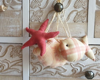 sea decorations in fabric to hang, fish star and shell of fabric, handmade padded fabric fish,
