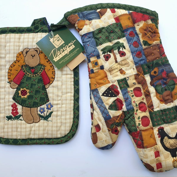 Pot holder + oven mitt set in American cotton, kitchen set, gift idea, pot holder with applications and kitchen glove, complete kitchen