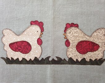 appliqué hens embroidered cotton tea towel, country yarn-dyed burazzo, kitchen tea towel with hens, handmade kitchen gift idea