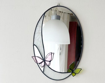 Stained Glass Oval Mirror with 3d Butterflies - Modern Wall Mirror, Simple Wall Art