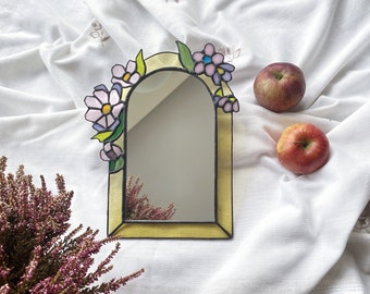 Handmade, Stained Glass Mirror - Blossoms - Floral Interior Decor, Present Idea, Primitive Style