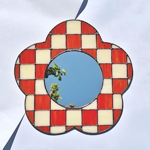 Checkered Stained Glass Mirror, Unique Retro Wall Mirror, Big Floral Decor, Custom Decor