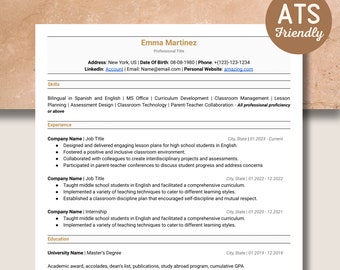 Teacher ATS Friendly Resume Template - Cover Letter & Reference List - Easy To Edit In Google Docs Or MS Word - Professional Ats Resume