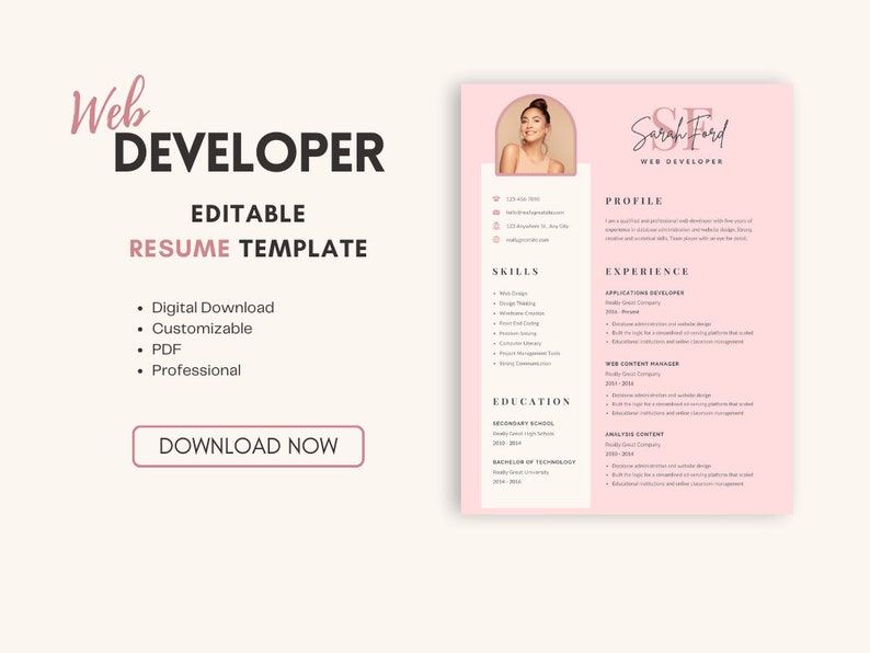 Web Developer EDITABLE RESUME Template PDF Digital Download - Etsy