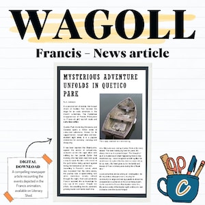 May include: A newspaper article with the headline "Mysterious Adventure Unfolds in Quetico Park" featuring a photograph of a wooden boat on a lake. The article discusses a mysterious event that occurred in the park. The text is in a black and white font.