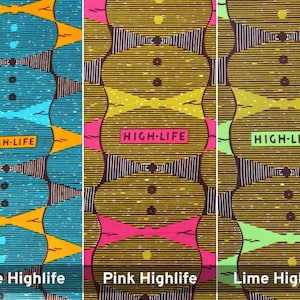 May include: Three fabric swatches with a geometric pattern in blue, pink, and green. The pattern features a brown background with yellow, orange, and white accents. The text "HIGH-LIFE" is printed on each swatch.