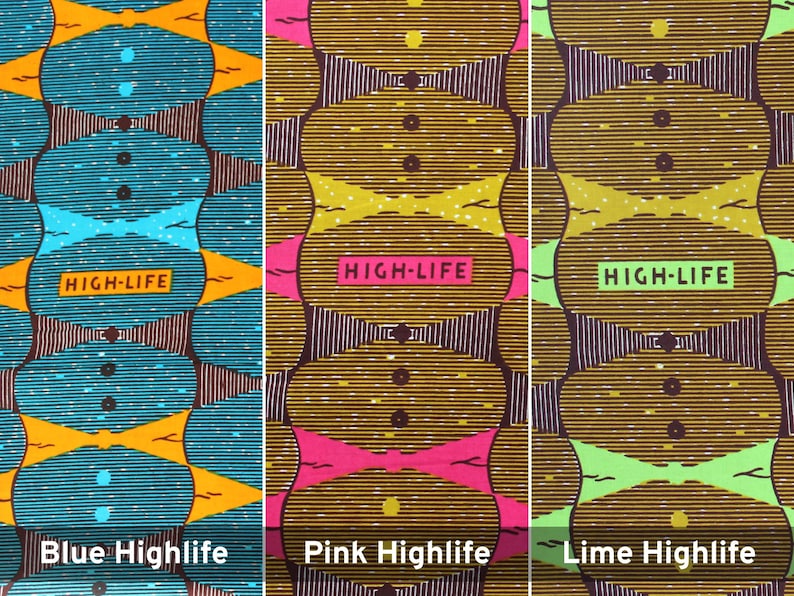May include: Three fabric swatches with a geometric pattern in blue, pink, and green. The pattern features a brown background with yellow, orange, and white accents. The text "HIGH-LIFE" is printed on each swatch.