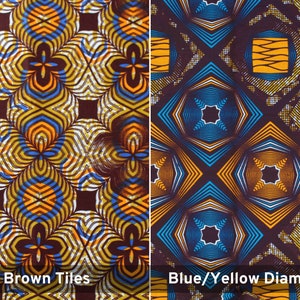 May include: Two fabric swatches with geometric patterns. The left swatch has a brown background with blue and yellow geometric tiles. The right swatch has a brown background with blue and yellow diamond shapes.