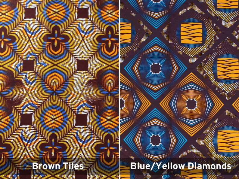 May include: Two fabric swatches with geometric patterns. The left swatch has a brown background with blue and yellow geometric tiles. The right swatch has a brown background with blue and yellow diamond shapes.