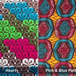 May include: Two fabric swatches with different patterns. The first swatch features a repeating pattern of hearts in shades of pink, green, blue, and brown on a white background. The second swatch features a repeating pattern of pink and blue geometric shapes on a yellow background. The text "Hearts" is below the first swatch and the text "Pink & Blue Pattern" is below the second swatch.
