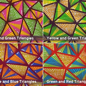 May include: Four fabric swatches with geometric patterns of triangles. The swatches are arranged in a grid. The top left swatch is pink and green, the top right swatch is yellow and green, the bottom left swatch is orange and blue, and the bottom right swatch is green and red.