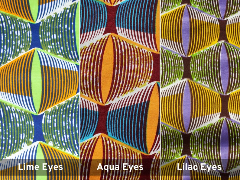 May include: Three fabric swatches with a geometric pattern of overlapping circles. The swatches are labeled "Lime Eyes", "Aqua Eyes", and "Lilac Eyes".