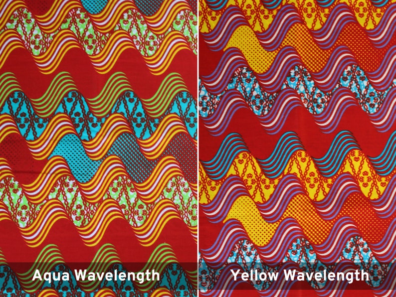 May include: A red fabric with a wavy pattern in yellow, white, and blue. The fabric has a different pattern in the center, with a turquoise, white, and brown design. The text "Aqua Wavelength" is at the bottom left and "Yellow Wavelength" is at the bottom right.