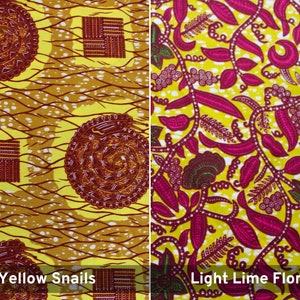 May include: Two fabric swatches with different patterns. The left swatch has a yellow background with a repeating pattern of red and brown snail-like shapes and squares. The right swatch has a light lime green background with a repeating pattern of pink and green floral vines. The text "Yellow Snails" is below the left swatch and "Light Lime Floral" is below the right swatch.