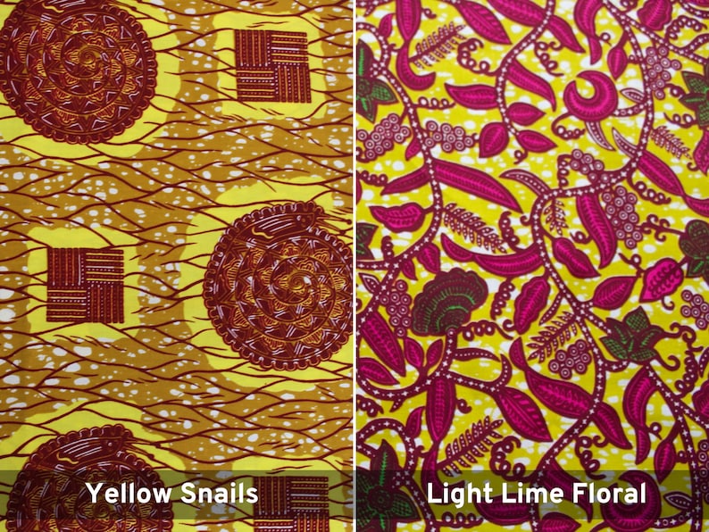 May include: Two fabric swatches with different patterns. The left swatch has a yellow background with a repeating pattern of red and brown snail-like shapes and squares. The right swatch has a light lime green background with a repeating pattern of pink and green floral vines. The text "Yellow Snails" is below the left swatch and "Light Lime Floral" is below the right swatch.