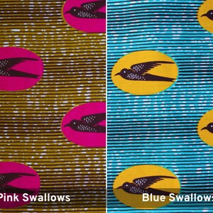 May include: Two fabric swatches with a repeating pattern of stylized birds in circles. The left swatch has a brown background with pink circles and the right swatch has a blue background with yellow circles. The text "Pink Swallows" is at the bottom of the left swatch and "Blue Swallows" is at the bottom of the right swatch.