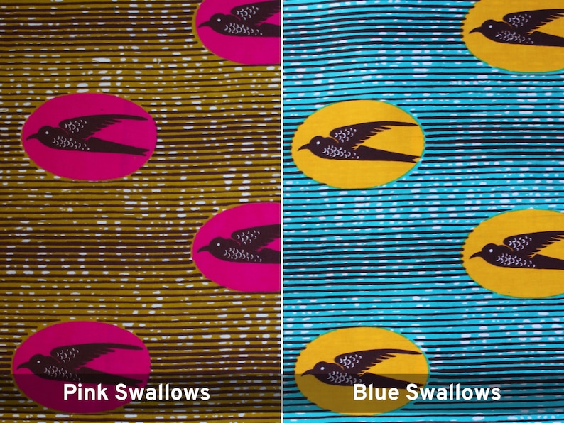 May include: Two fabric swatches with a repeating pattern of stylized birds in circles. The left swatch has a brown background with pink circles and the right swatch has a blue background with yellow circles. The text "Pink Swallows" is at the bottom of the left swatch and "Blue Swallows" is at the bottom of the right swatch.