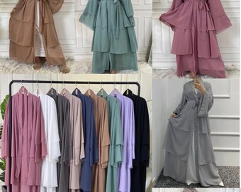 Layered flowy chiffon abaya with matching scarf and belt Dubai Arabian kaftan maxi dress modest wear brown green grey pink