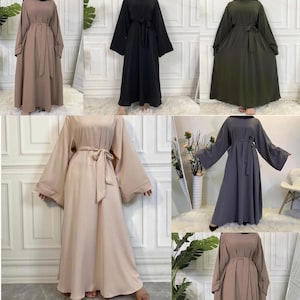 Women Closed Abaya With Belt Kaftan Maxi Jilbab Dress Kimono Robe Grey Beige Mocha Brown Olive Green Black(Black in medium sold out)