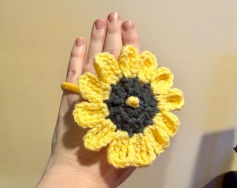 Crochet Sunflower Baby Headband, Acrylic Flower, Stretchy Nylon
