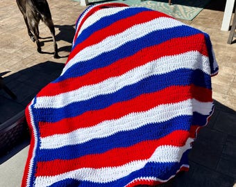 Handmade Crochet Baby Blanket – Red, White, and Blue Americana Throw