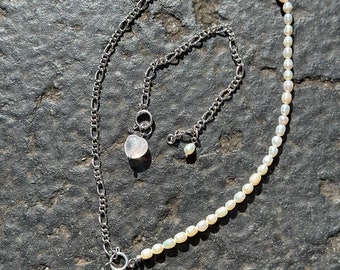 Freshwater Natural Pearl and Silver Cable Chain Necklace with Rose quartz heart and Pearl silver Chain bracelet SET