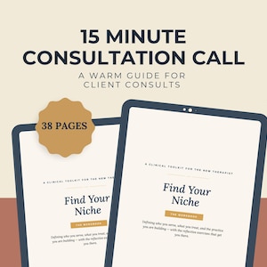 May include: Two digital tablets showing a workbook titled "Find Your Niche" with the text "15 Minute Consultation Call" and "38 Pages." The background is cream with a dark blue border around the tablets.
